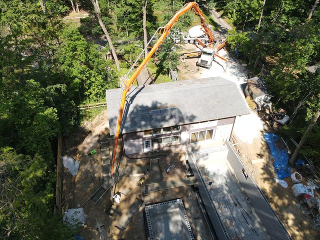 An aerial view of a house under construction