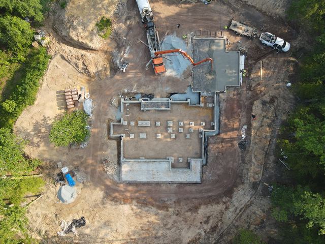An aerial view of a house under construction