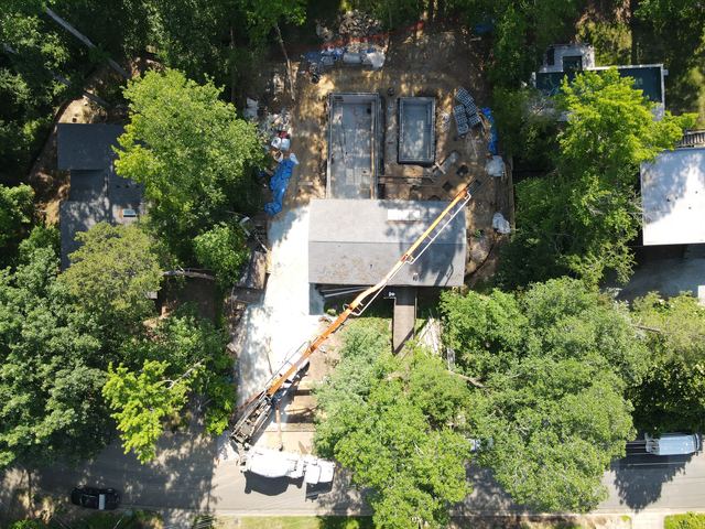 An aerial view of a house under construction